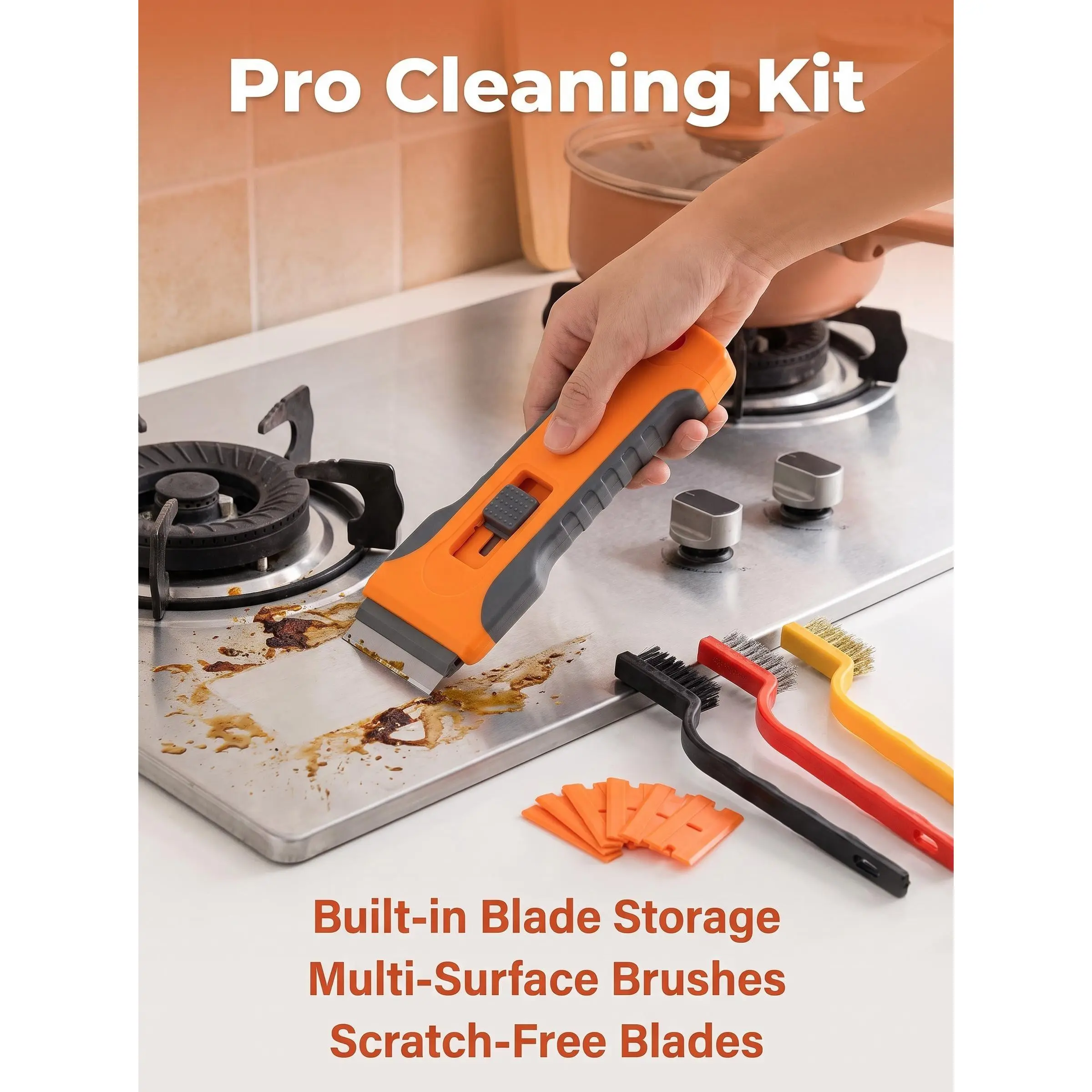 Cleaning Scraper Tool Kit with 3 Wire Brushes, Retractable Razor Scraper with Built-in Blade Storage, Metal & Plastic Blades for Stove, Glass, Window, Tile, Car Sticker, Rust & Grime Removal