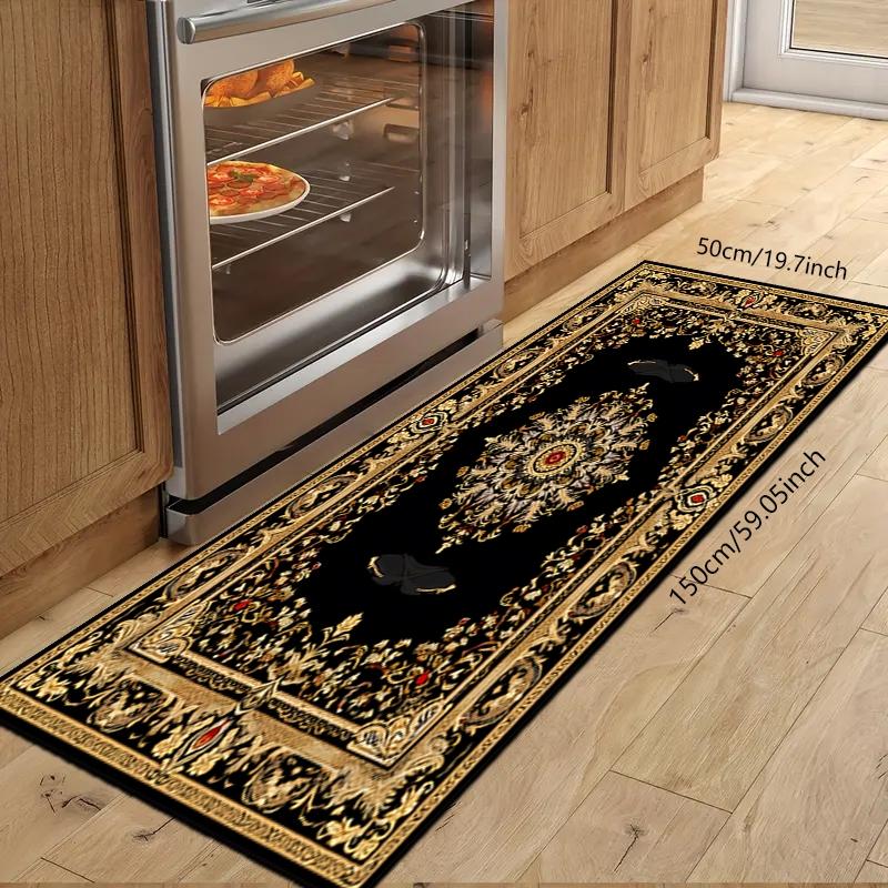 A European Persian-style kitchen mat with a black pattern, soft and non-slip, made of diatomaceous earth, suitable for kitchens, laundry rooms, and offices.