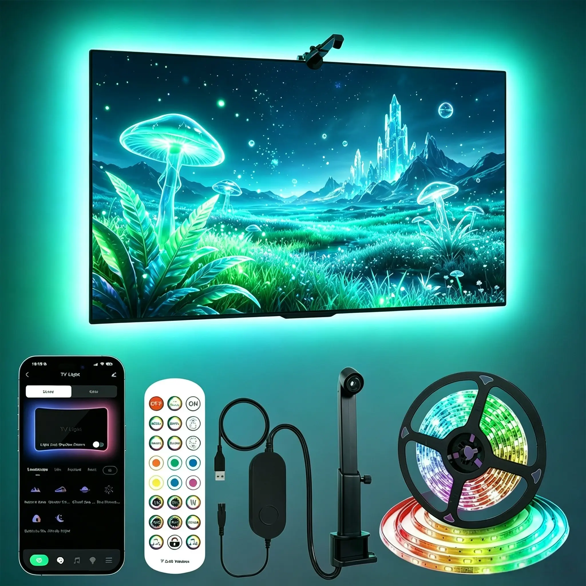 16.4ft Game Light Strip, USB LED TV Backlight for 55-65 Inch Tvs,Includes Remote Control，Color Sync, Ar Sensor, Bluetooth-compatible Control, Music Sync, Holiday Gift