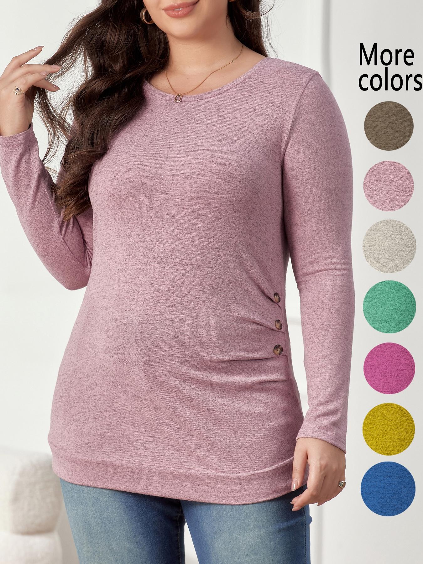【Plus Size】1 Plus-Size Crew-Neck T-Shirt, High Elasticity, Casual and Easygoing Style, Side Button Decorations Add Details, Long Sleeves & Slim Fit, Suitable for Plus-Size Women’s Daily Outings and Relaxed Office Scenarios, Basic Top