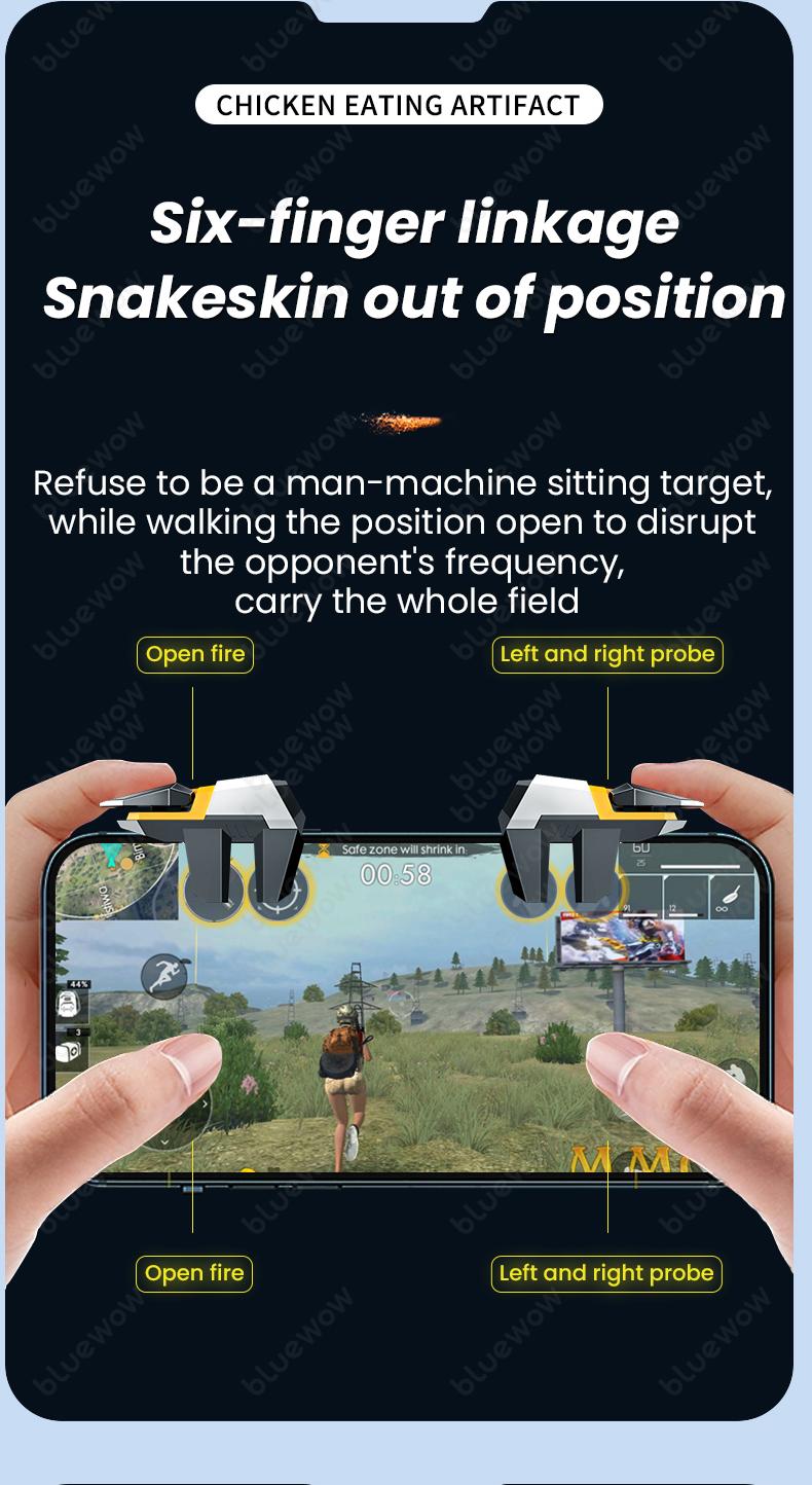 BlueWow Mobile Game Trigger 6 Fingers for iPhone & Android Enhanced Grip Stability Anti-slip Silicone Alloy Button Clip Fits 6mm to 15mm Thick Phones CODM Freefire Gaming Console