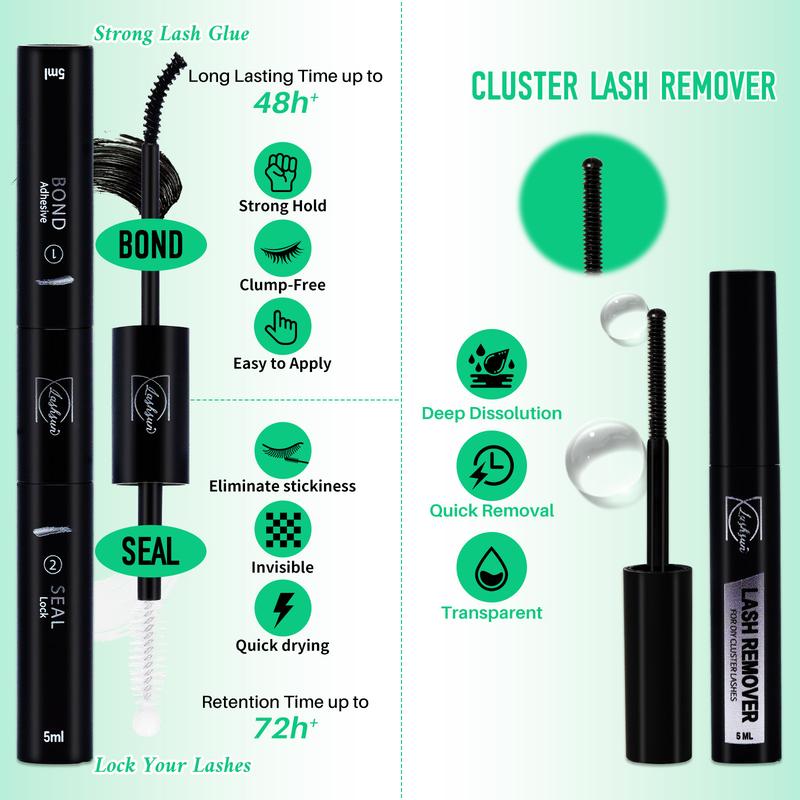 LASHSUN CHRISTMAS GIFT KIT, D Curl Mixed Length DIY Lash Clusters Kit DIY Eyelash Extensions Multi-Type Lash Volume & 3D Effect Eyelash Clusters with Lash Bond and Seal Lash Remover Lash Brush Headband Wristband Eyelash Set