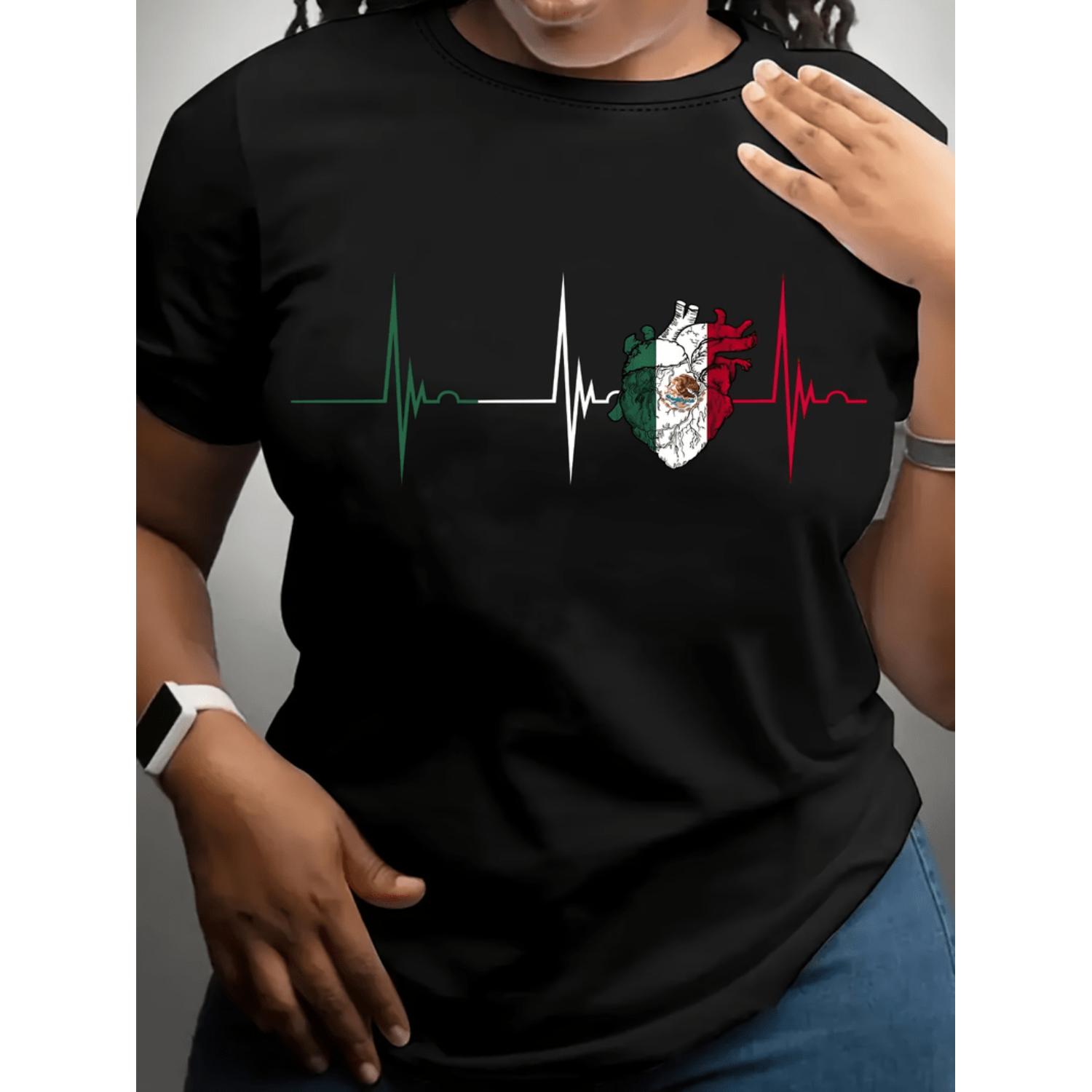 Women's Mexican Flag Heartbeat Graphic T-Shirt - Short Sleeve Crew Neck Casual Top with National Emblem Design, Medium Stretch Machine-Washable Black Shirt for Spring & Summer, Mexican T Shirt, Cultural Apparel, Vibrant Design, Co Crewneck Tshirt Women's Mexican Flag Heartbeat Graphic T-Shirt - Short Sleeve Crew Neck Casual Top with National Emblem Design, Medium Stretch Machine-Washable Black Shirt for Spring & Summer, Mexican T Shirt, Cultural Apparel, Vibrant Design, Co Crewneck Tshirt
