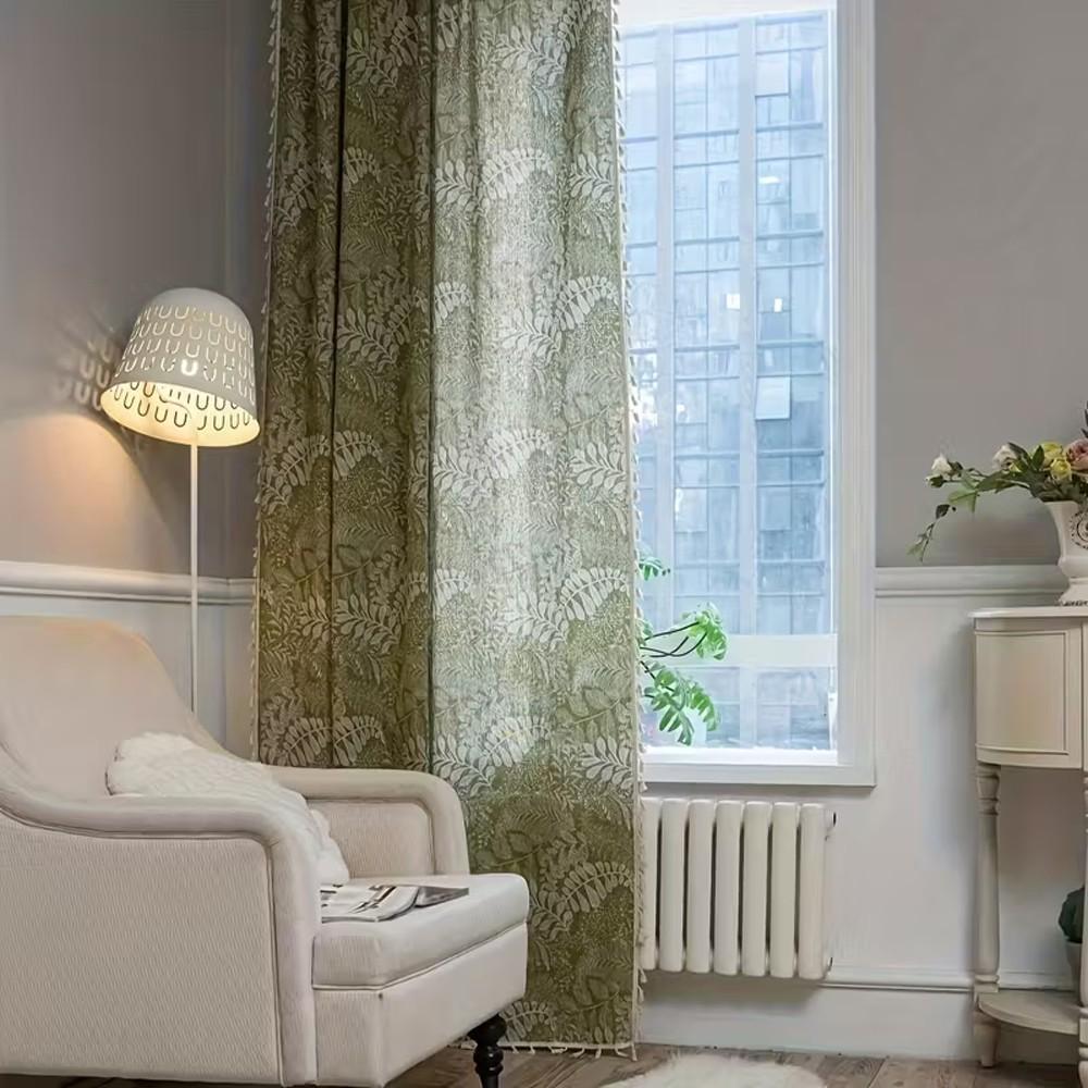 1pc Olive Plant Print Curtain, Cotton Linen Texture, Fringe Edge, Living Room Bedroom Balcony Floor-To-Ceiling Decorative Curtain