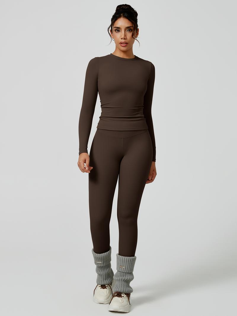 Two-Piece Set Women's Patchwork High Elastic Soft Round Neck Flat Shoulder Long Sleeve Slim Fit Beautiful Hip Tight Pants Yoga Clothes suit Four Seasons Outdoor Running Cycling Hiking Walking Shopping Fashion suit Gym Sporty High Stretch