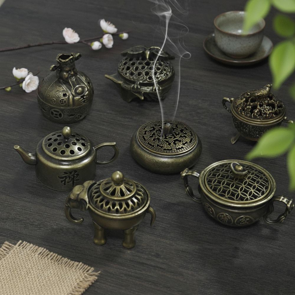 Assorted Vintage Incense Burners Miniature Ornate Metal Holders in Owl, Elephant & Teapot Designs | Desk & Home Fragrance Decor with Blue Gift Box