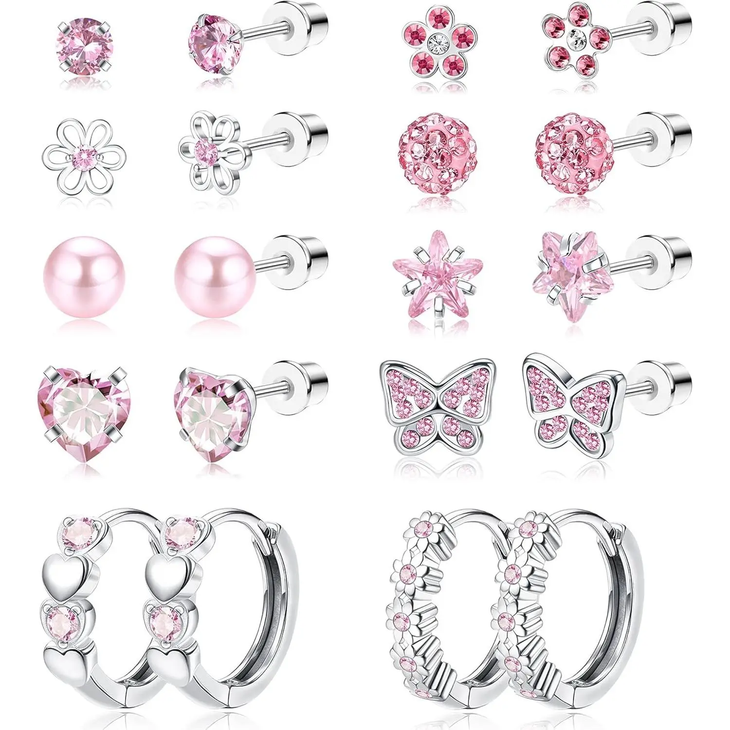 CASSIECA Women's 10-Pair Stainless Steel Hypoallergenic Earrings Set - Studs, Butterfly, Flower Cubic Zirconia, Pink Heart Shaped, Screw-Back Multicolored Stacks for Daily Casual Gifting, Girly & Kawaii Style, Heart Shaped Earrings Sohochic