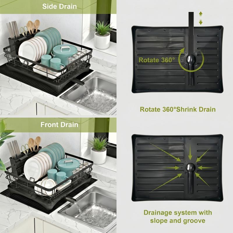1pc  Large metal drain rack with drain pan, rust proof kitchen storage rack, saving countertop space for utensil storage, black dish rack