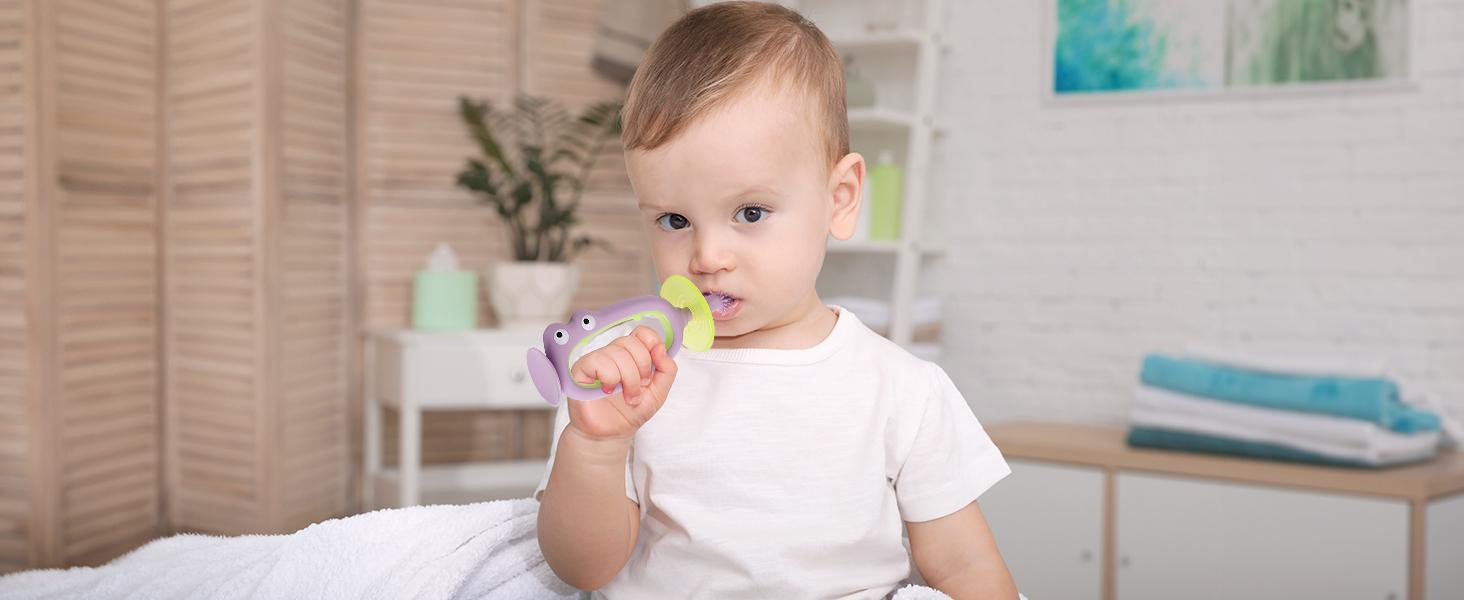 360° Baby Toothbrush with Suction Base,Toddler 12 Months up,Infant Oral Cleaner, Baby Tongue Cleaner,Food-Grade Silicone,Adjustable Safety Shield