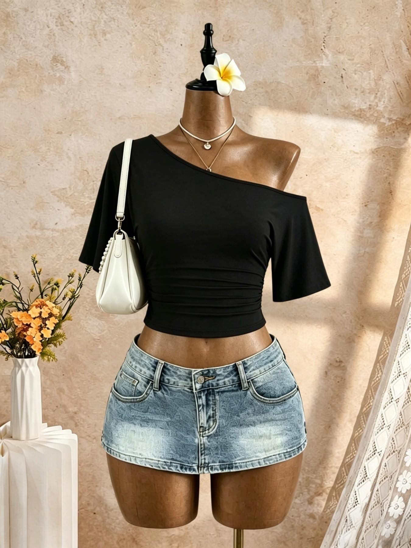 3-Pack Asymmetrical Shoulder Pleated Mid- Sleeve Short T-Shirts, Streetwear Date Wear, Show Waist Slimming Top, Trendy Ladies' Clothing, Casual Chic, Casual Daily Tops