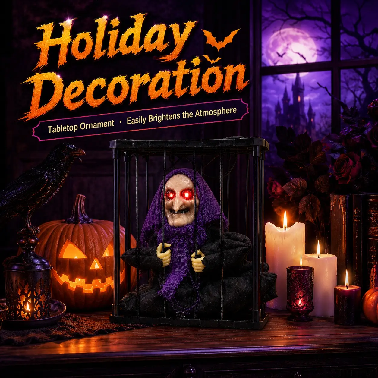 1PC Halloween Animatronic Caged Witch Prop, Light‑Activated Screaming Witch with Glowing Red Eyes for Haunted House, Yard & Porch Spooky Party Decor