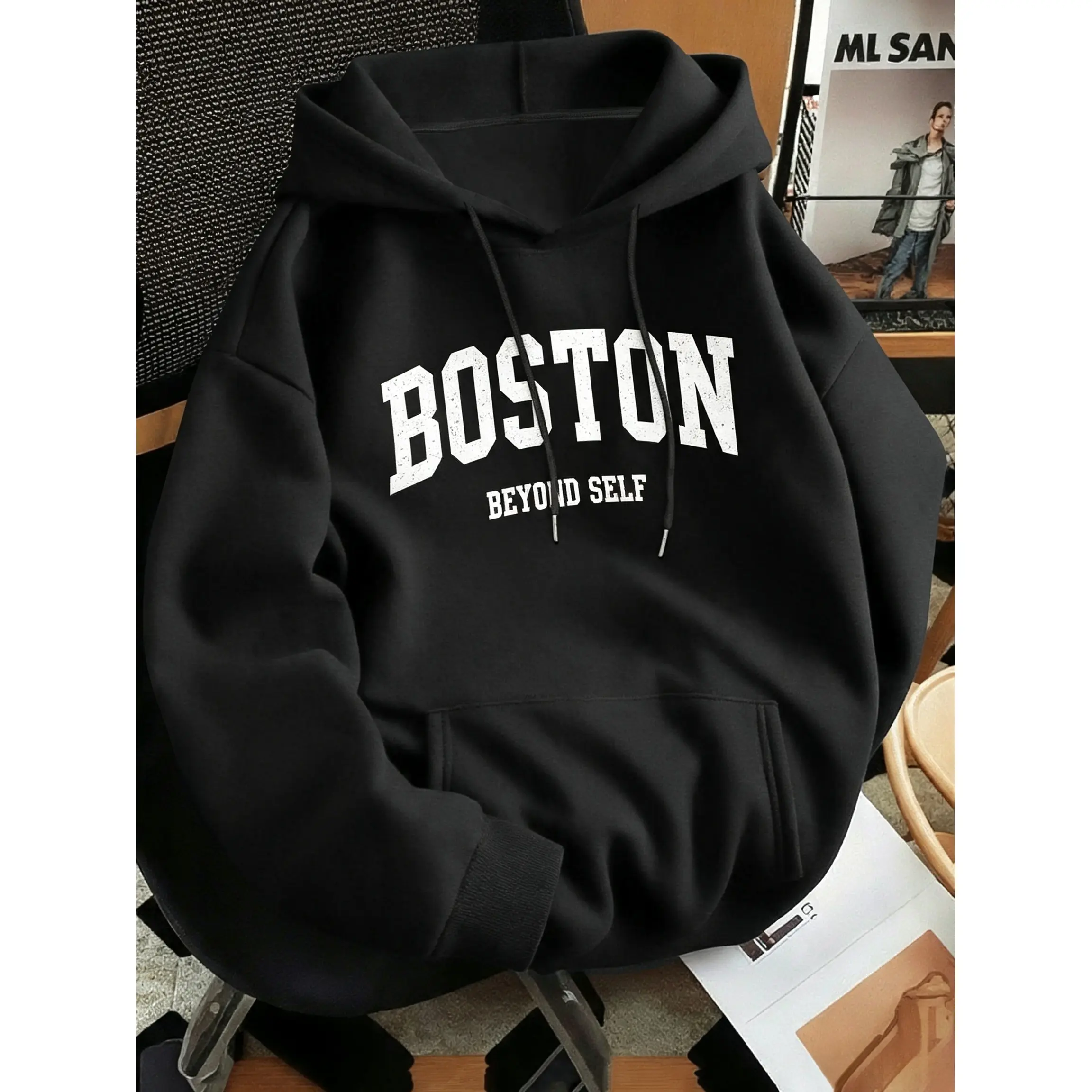 Men's Boston Lettering Premium Versatile Vintage Print Hooded Sweatshirt, Regular Fit, Hooded Collar Style, Solid Color with Graphic Print, Casual Long Sleeve Pullover