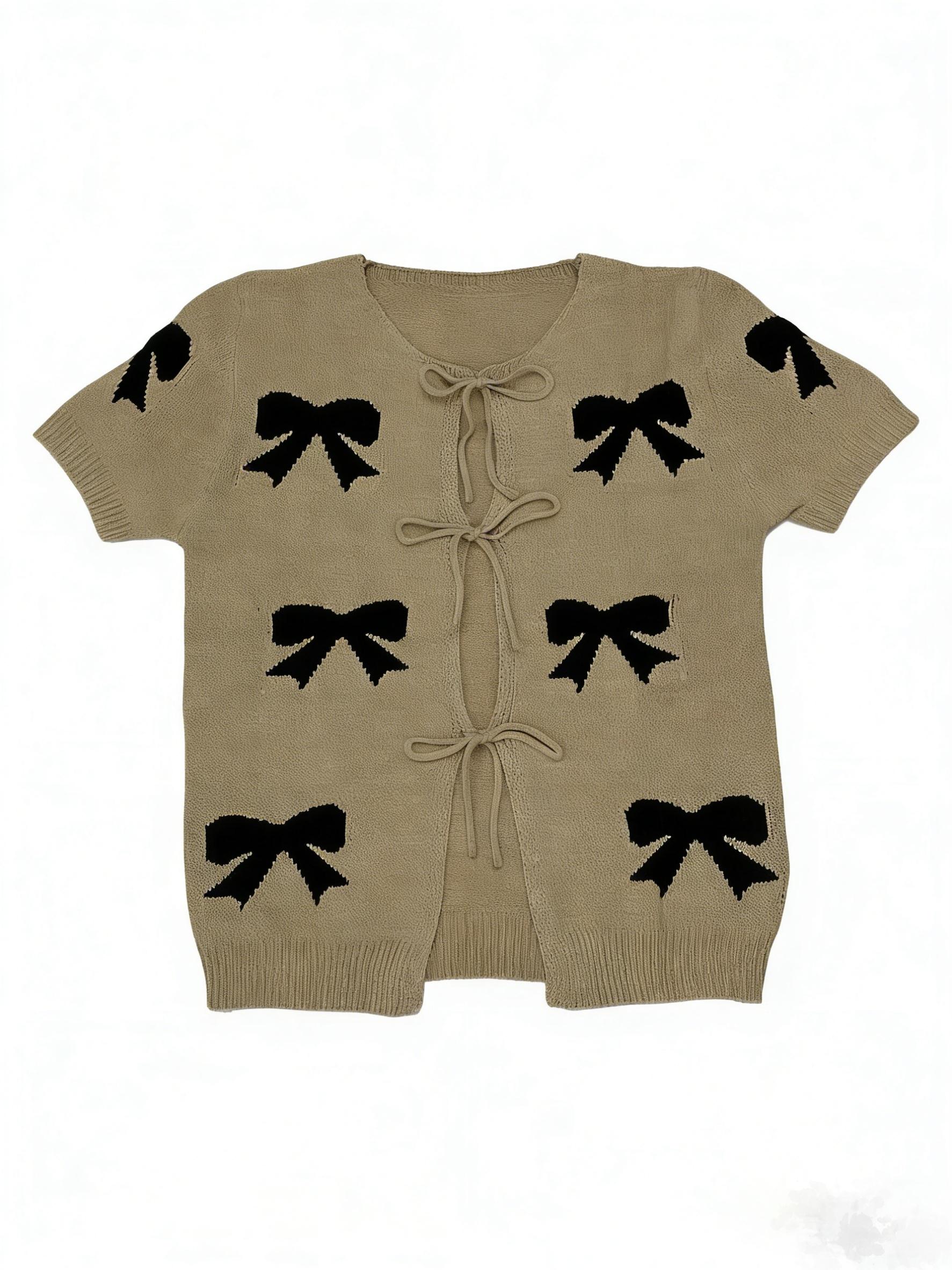 Playful Contrast Beige-black Bow Jacquard Design Tie-front Open Knitwear Cardigan, Casual Soft Neutral Short Sleeve Knits Sweater, 2026 Summer Coastal Vacation Cool Girl Fashion Sexy Tie Top, Coquette Aesthetic Fashion Style, Y2K Retro Vintage Style