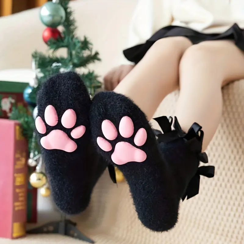 1 Pair Women's Plush Cat Paw Rabbit Socks - Thickened Winter Warmth Suitable for - Layered Boot Socks with Pink/Black/White Bows, Lolita Style Hand Washable Footwear for Cat Lovers Gift (Cozy Booties for Christmas/Halloween)