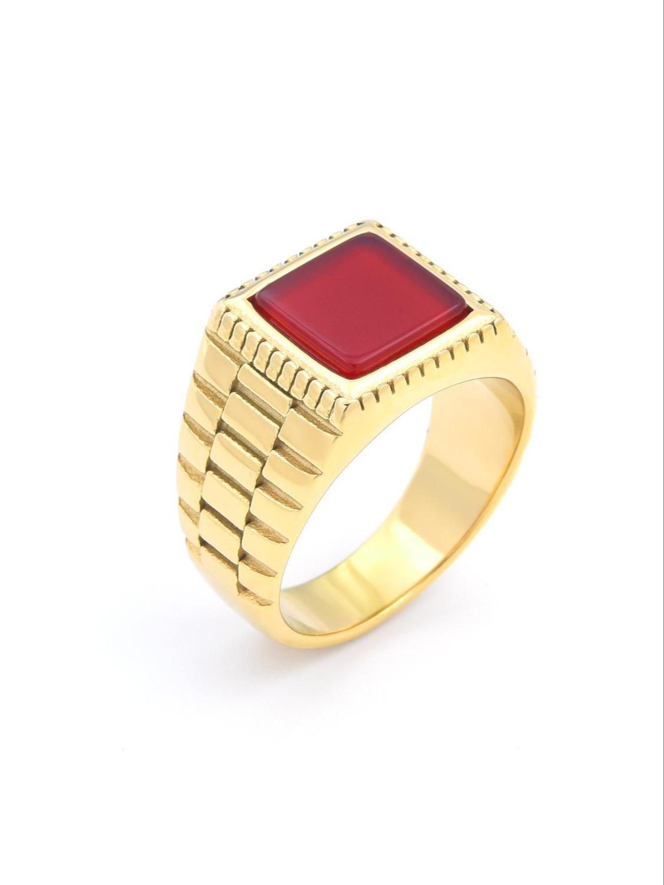High-Quality Men's Ring, 18K Gold Plated Tarnish-Free, Square Black Gemstone Exudes Boldness