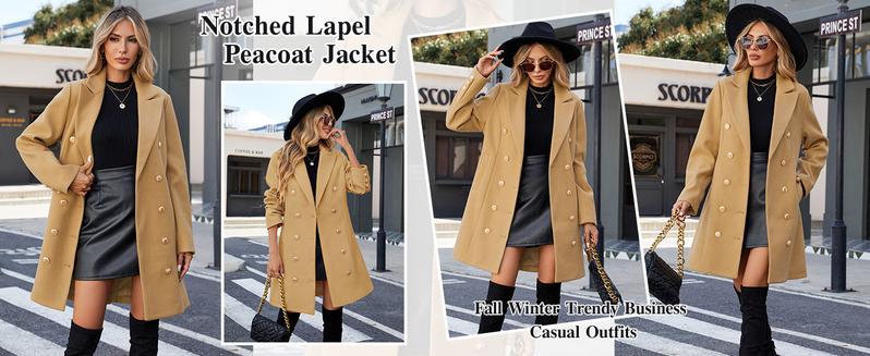 VXYGER Women's Winter Double Breasted Pea Coat Notched Lapel Midi Trench Coat Trendy Elegant Work & Casual Jacket in Camel Off-White Black Navy Yellow Sizes S-XXL Classic Design Warm Comfortable Fabric