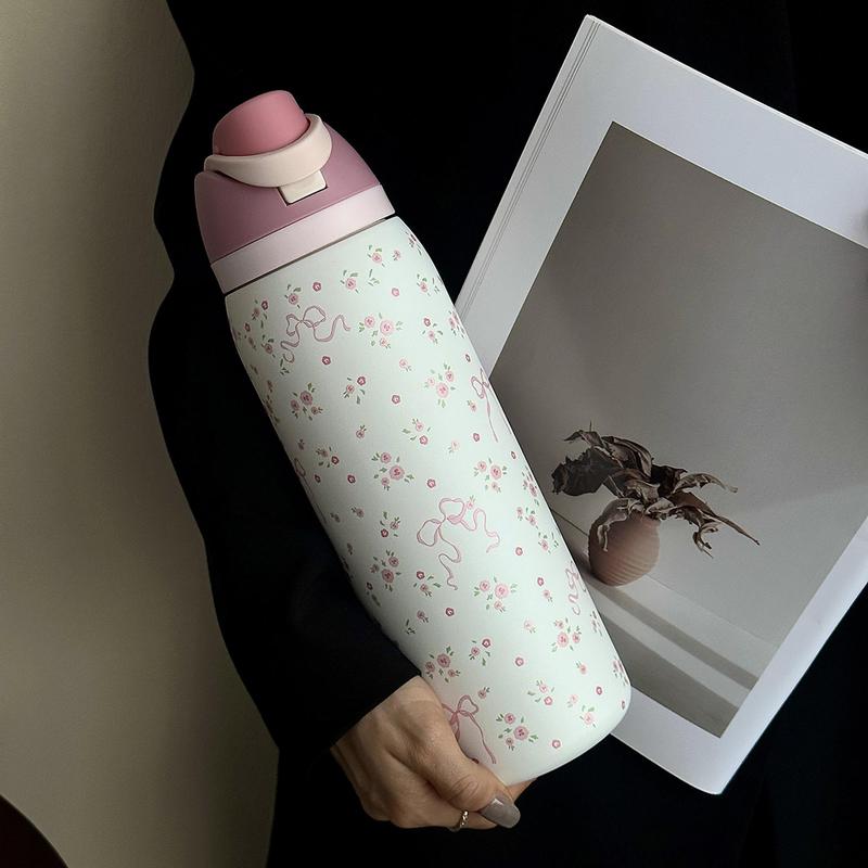 1pc Floral Pattern Insulated Double Wall Stainless Steel Sports Bottle, 24oz-32oz-40oz Sizes, Travel Cup with Straw Design for Gym School Travel, Thermo Tumbler, Insulated Water Bottle