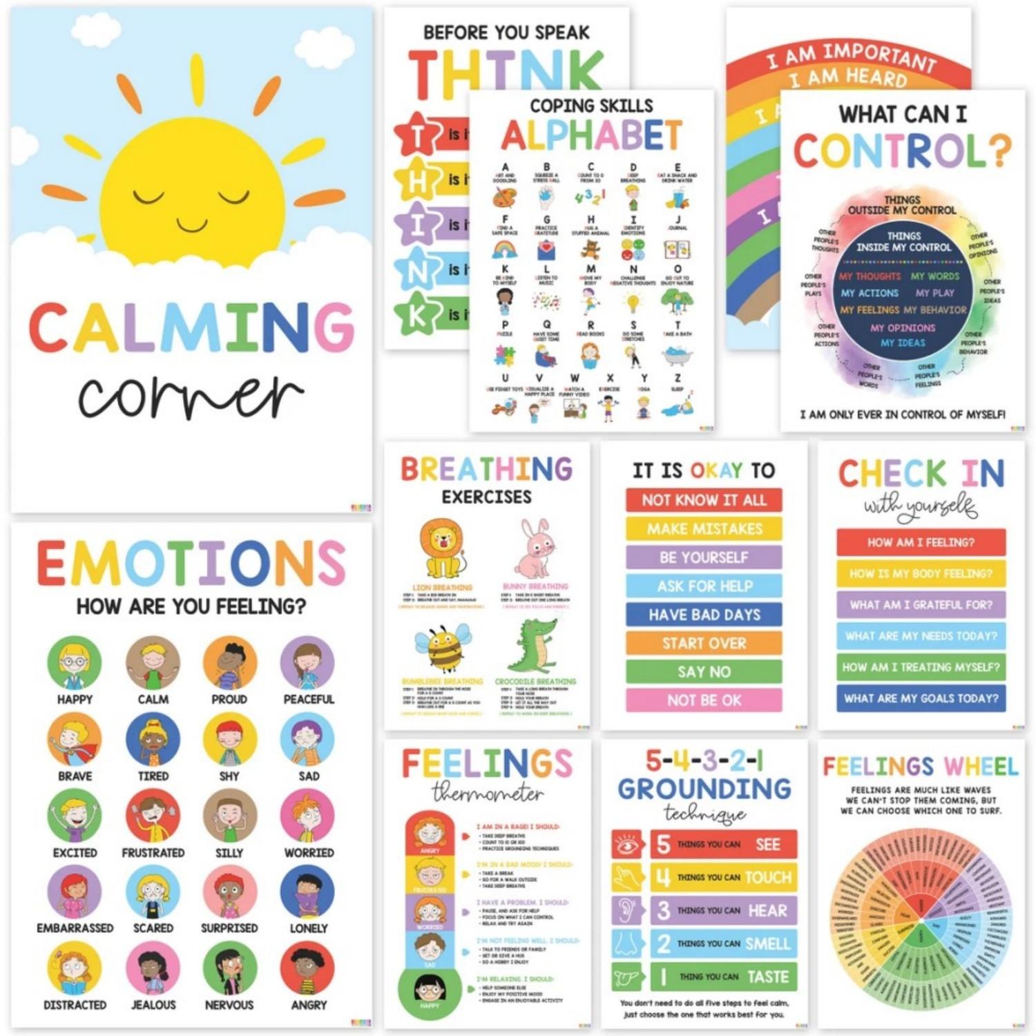 Peaceful Corner Classroom Poster Set, 12 Pieces for Therapy Rooms, Mental Health Wall Art & Positive Classroom Decor