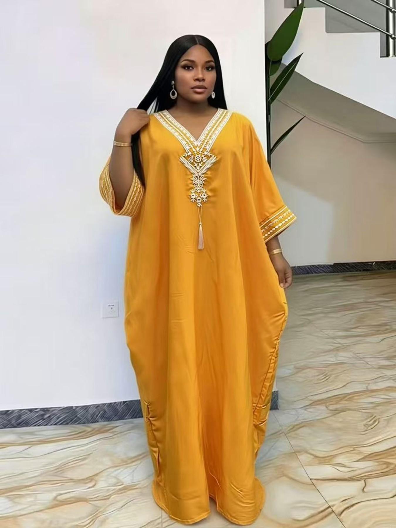 Women's Summer Solid Color Embroidered Fringe Caftan Casual Wear Dress with Pockets and Side Slit Women's Summer Solid Color Embroidered Fringe Caftan Casual Wear Dress with Pockets and Side Slit