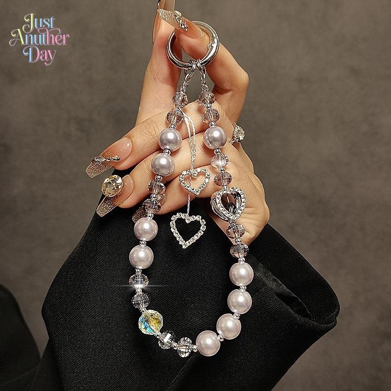 Luxury Crystal Pearl PVC Beaded Phone Lanyard - Rhinestone Heart Wrist Strap, Romantic Glamorous Ethnic Plain Unisex Key Bag Charm Fashion Accessory (Tie Dye, Peppy), Heart Charm, Baroque
