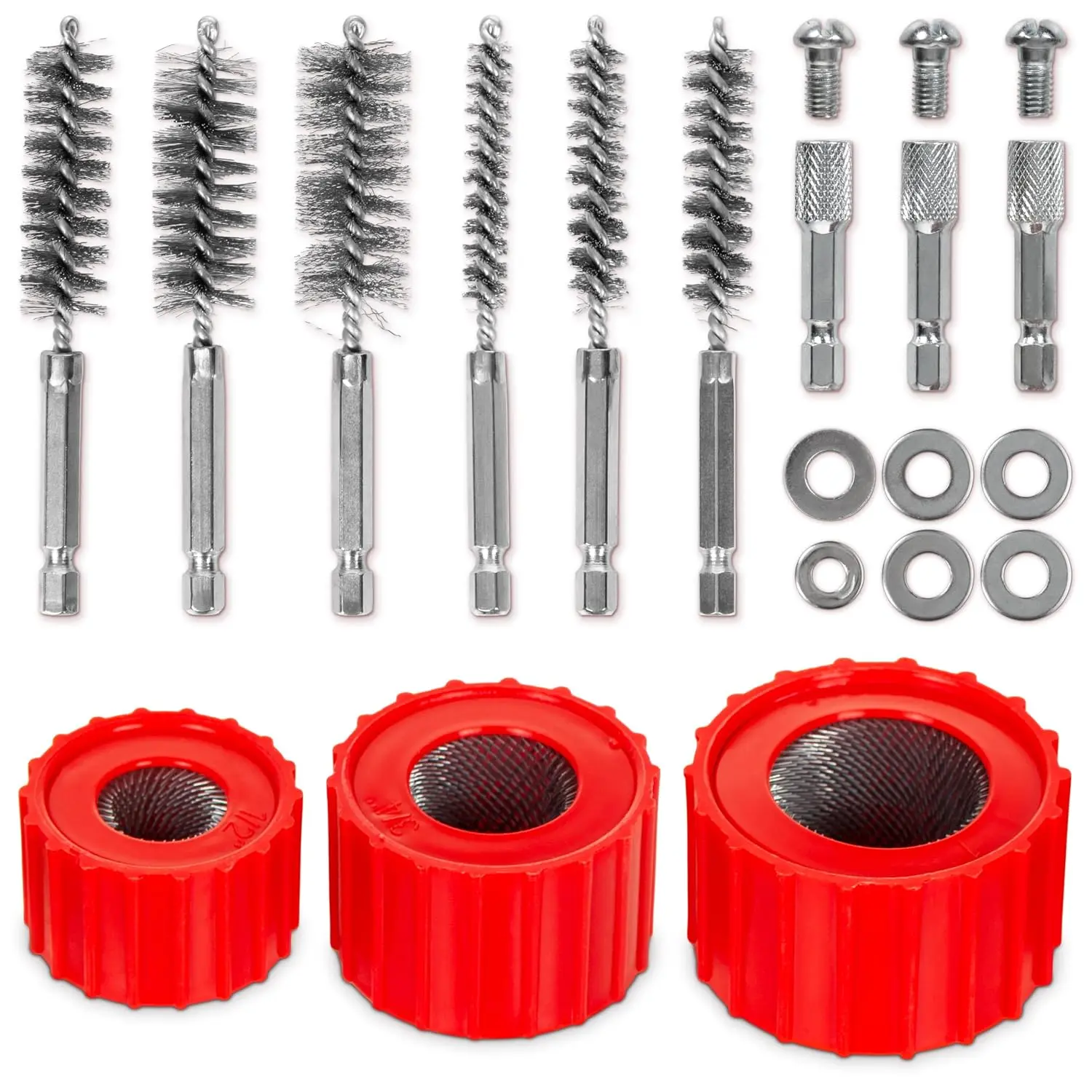 9pcs Multi-Size Pipe Cleaning Set for Power Drill & DIY Users, 1/2"-3/4"-1" Inches Tube Brushes, 6pcs Stainless Steel Wire Bore Brushes, 1/4” Shank, Screws & Washers Included