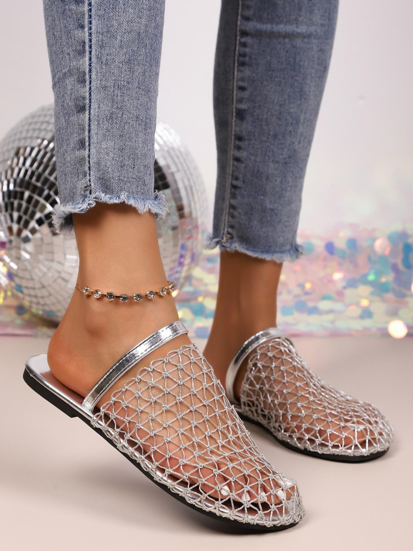Women's YYW1 Fishnet Weave Hollow-Out Round Toe Flat Slip-On Casual Shoes, Large Sizes, Comfortable Walks for Daily Wear