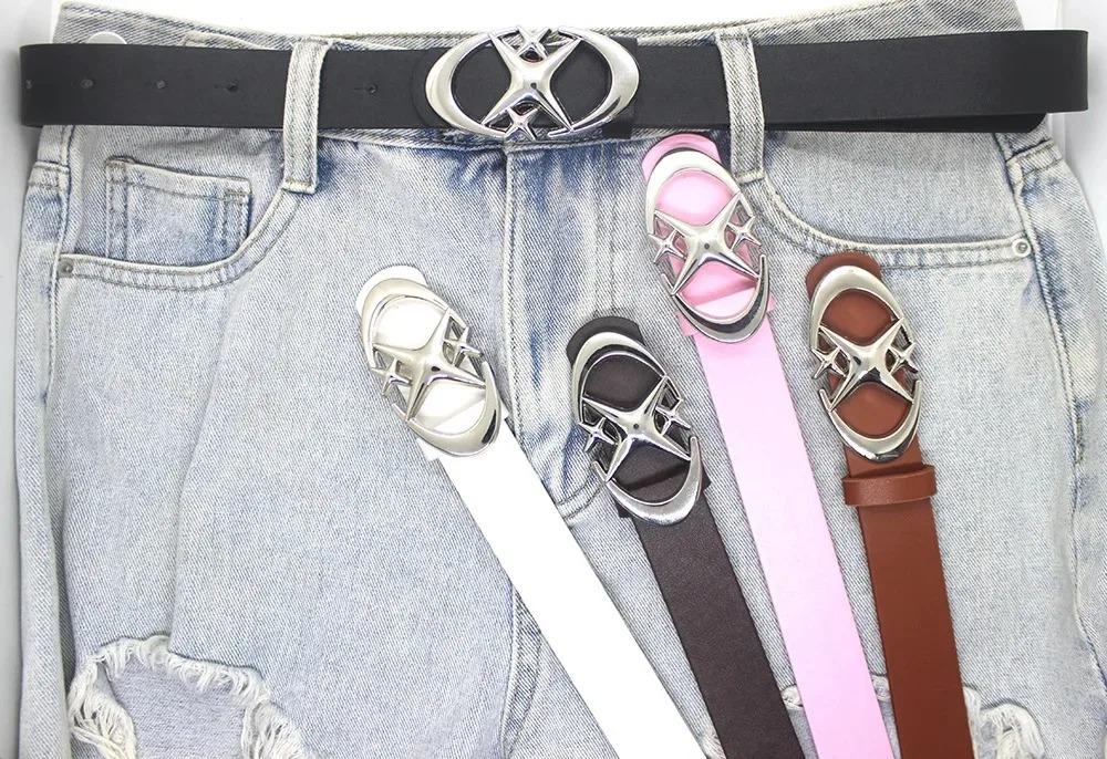 Y2K Punk Style Belt with Moon Star Cross Metal Buckle, Vintage Gothic PU Leather for Men Women Jeans Decoration