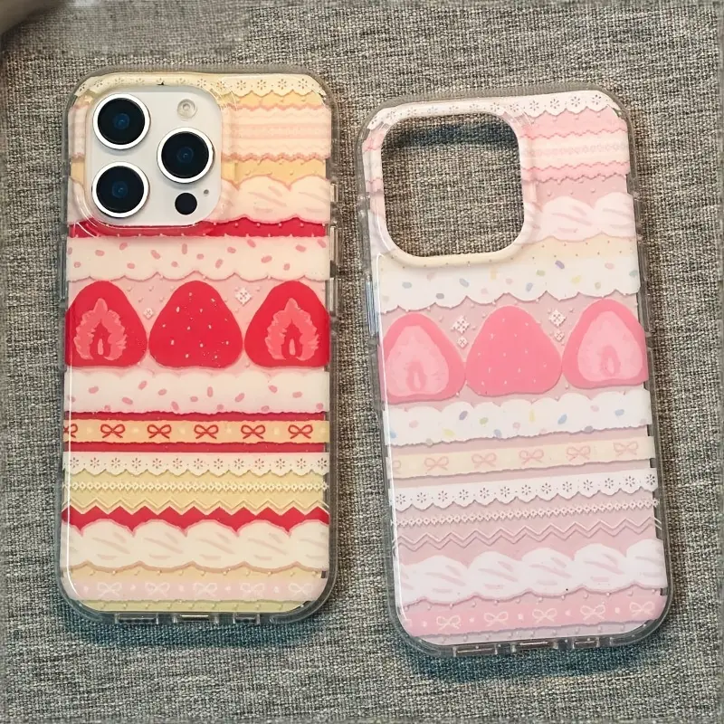 Cute Accessories Soft Back Phone Case - Creatively Cute Cream Strawberry Cake Floral Design Cover, Full Screen Protection, Compatible with iPhone 17,16,15,14,13,12,11 Plus & Pro Max