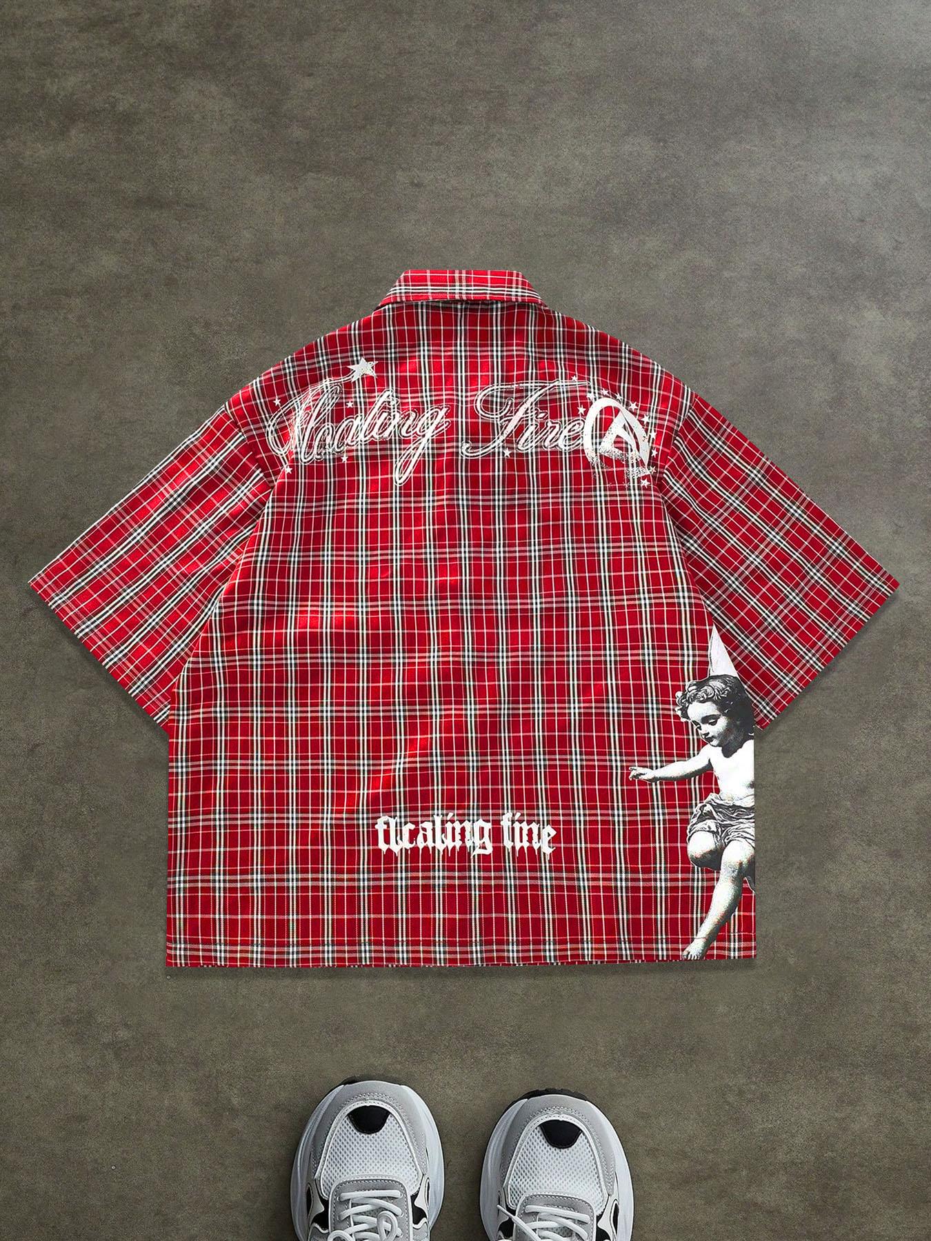 Retro Striped Short Sleeve Shirt with Letter Print, Loose-Fitting Casual Woven Top for All Seasons, Vintage Style Button Shirt, Casual Comfy Shirt