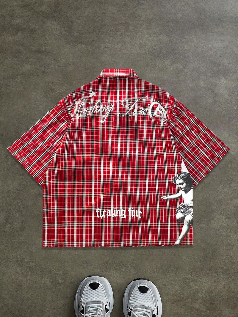 Retro Striped Short Sleeve Shirt with Letter Print, Loose-Fitting Casual Woven Top for All Seasons, Vintage Style Button Shirt, Casual Comfy Shirt