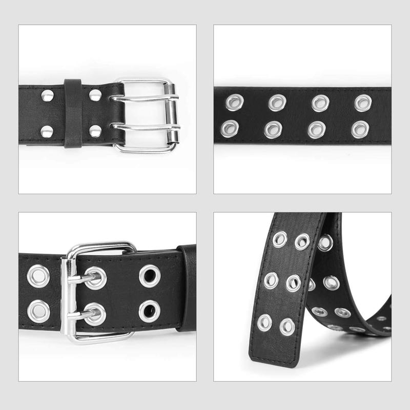 JASGOOD Double Grommet Belt PU Leather Punk Belt 2 Hole Belts 1.5 Wide for Women Men Jeans