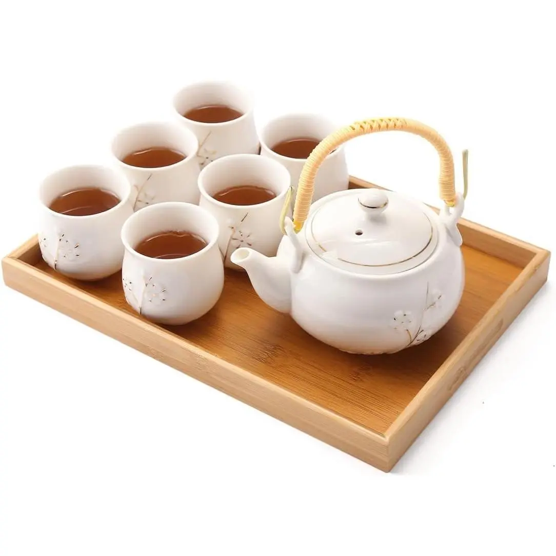Japanese White Porcelain Tea Set - Teapot, 6 Tea Cups, Tray & Stainless Infuser - Plum in Golden