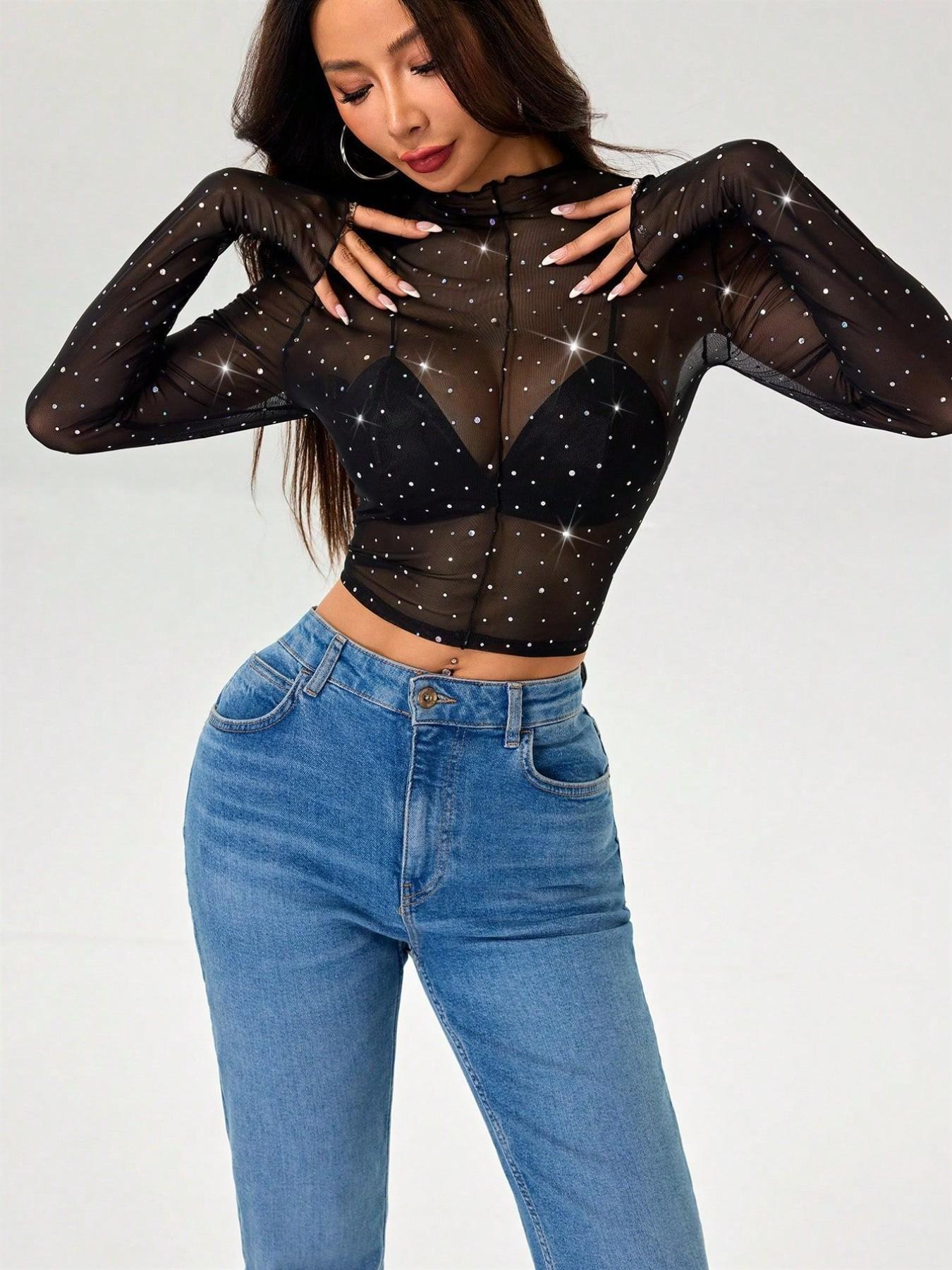Women's Spring Summer Stand Collar Mesh Transparent Sequin Long Sleeve T-Shirt, Slim Fit Y2K Style, Casual Butterfly Pattern Top
