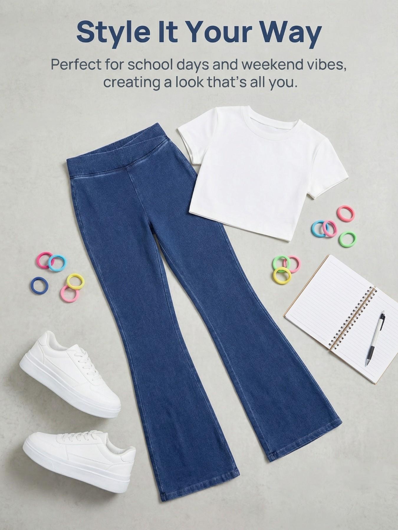 Girls High Elastic Denim Flare Pants, Soft Skin-Friendly Underwear, Slim Fit Casual Pants for Ages 130-160cm, Comfortable Daily Wear