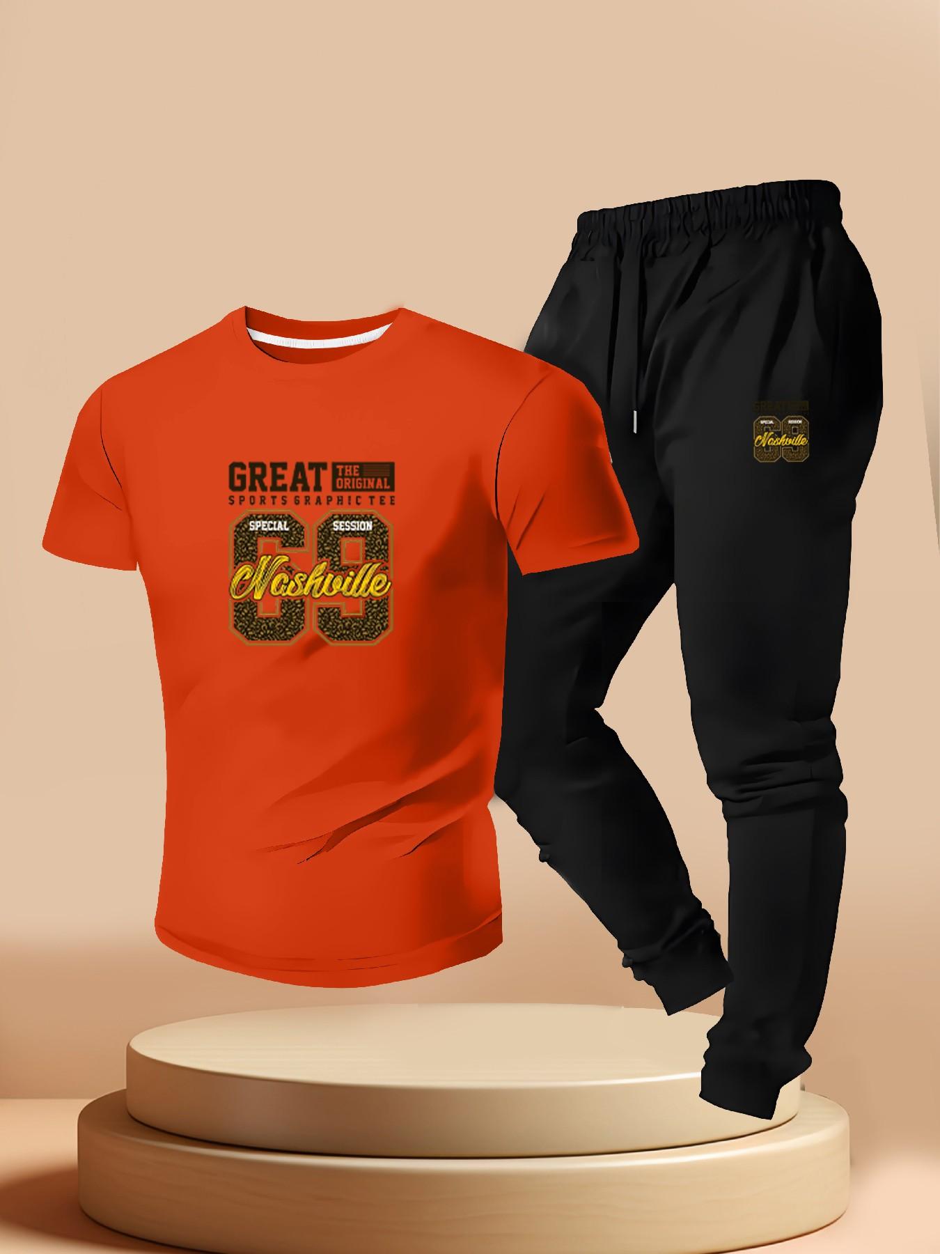 Men's Nashville 69 Print Tee + Sport Pants Set, Casual Short Sleeve T-Shirt, Summer Street Style, Slim Fit, Long Pants