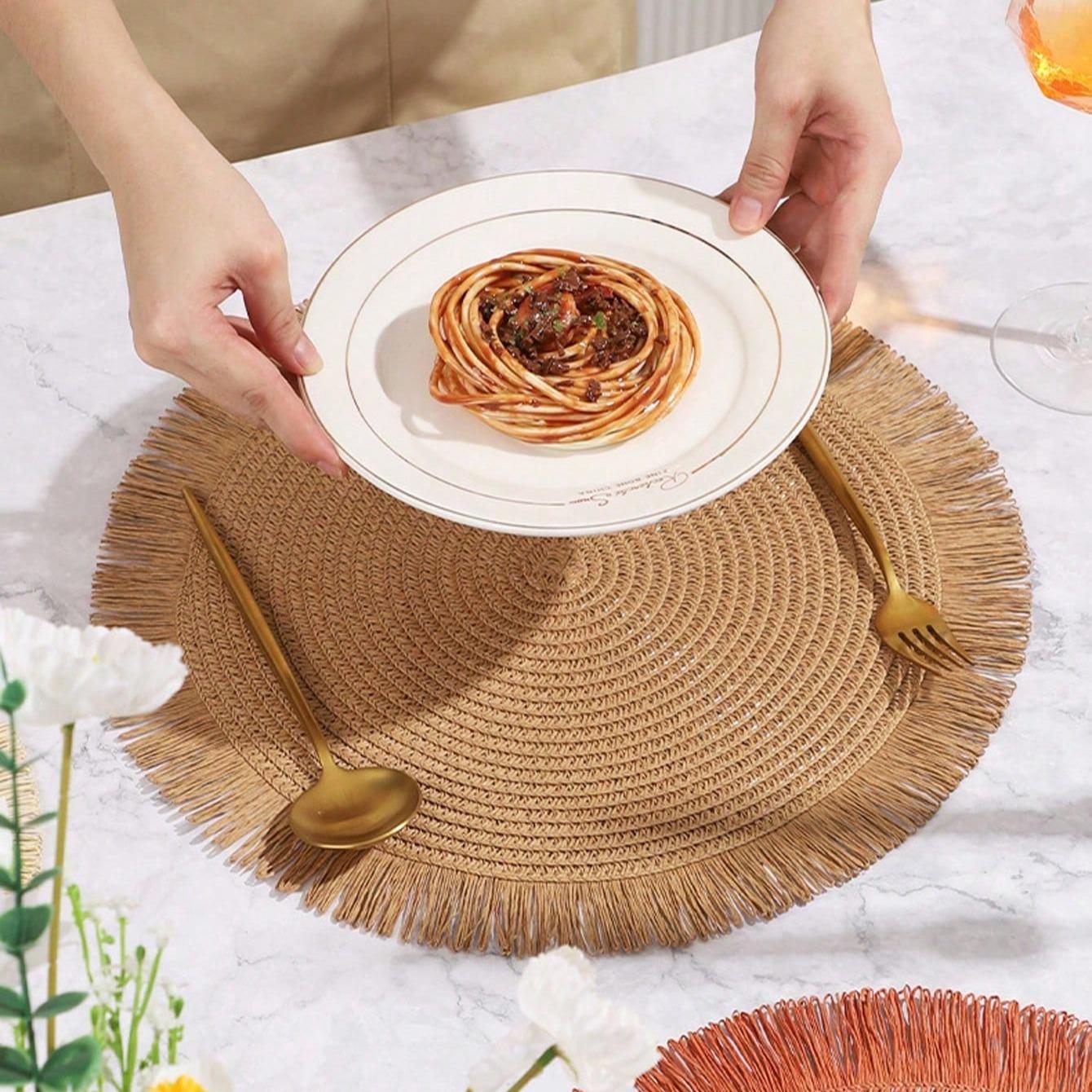 15 Inch Round Paper Braided Fringe Placemats Set, Heat Resistant Table Mats, Hotel Restaurant Decor, Non-Slip Dining Pad, Family Party Use