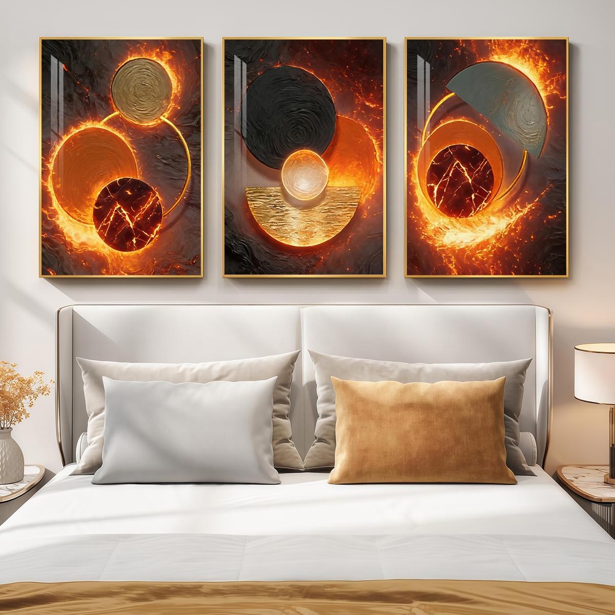 3 Counts Aluminum Alloy Framed Painting, Abstract Fire And Lava Geometry Pictures, Home Decoration For Living Room, Bedroom, Office, Restaurant, Hallway Wall Decor, Odorless Print Artwork, Luxury Perfect Gift For Friends And Family