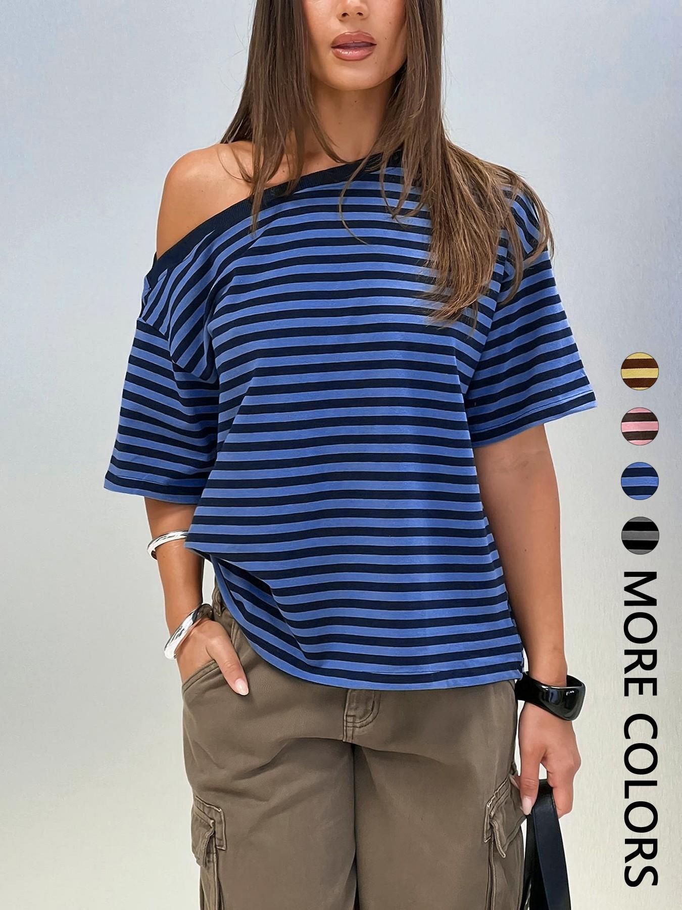 Women's Striped Off-Shoulder T-Shirt, Lightweight Casual Loose Fit Top, Comfortable Daily Wear, Trendy Summer Fashion