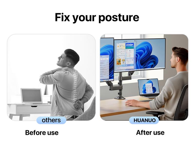 HUANUO Stackable Single/ Dual Monitor Arm - Adjustable Gas Spring Monitor Mount for Gaming and Home Office Setups, Monitor Stand Hold up to 34" with 19.8 lbs Max Weight and C-Clamp or Grommet Hole Mounting