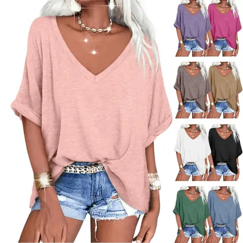 Imily Bela Women's Oversized T Shirts V Neck Short Sleeve Summer Casual Loose Tops Tees Tshirt Elastic Basic Womenswear Jacket Skirt