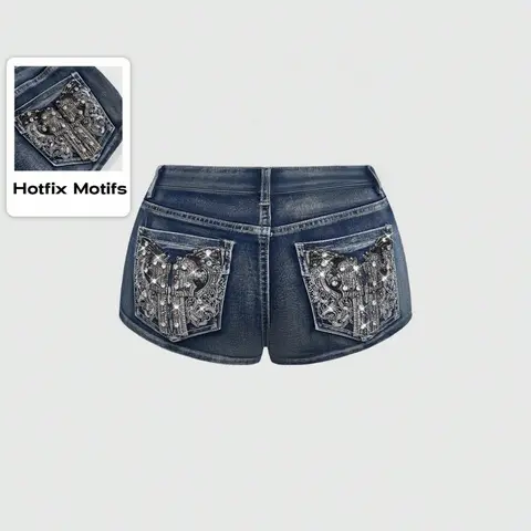 Women's Summer New Arrival Retro Y2K Punk Streetwear Style Embroidered Rhinestone Dark Wash Denim Jean Shorts, Slim-Fit Mid-Waist, Perfect for Parties and Music Festivals