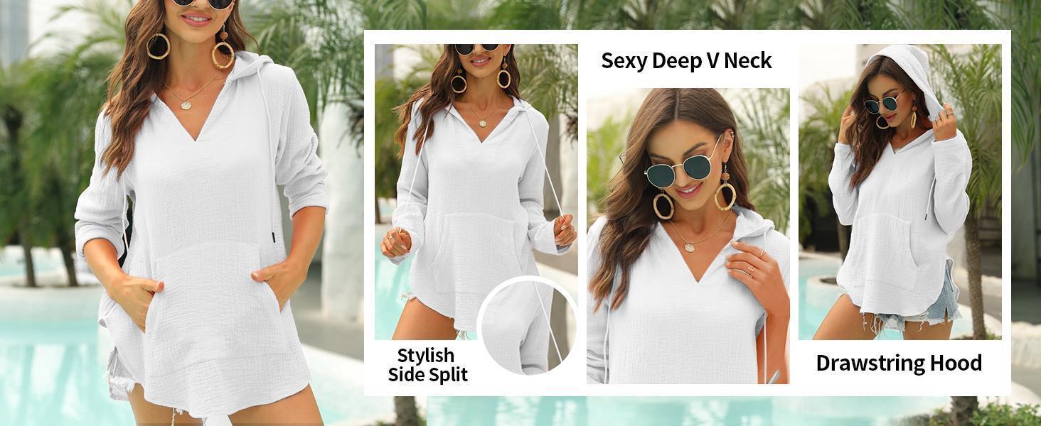Imily Bela Women's Beach Cover Up hoodies sweatshirt Long Sleeve V Neck Pocketed Hooded Shirt Top Casual Womenswear