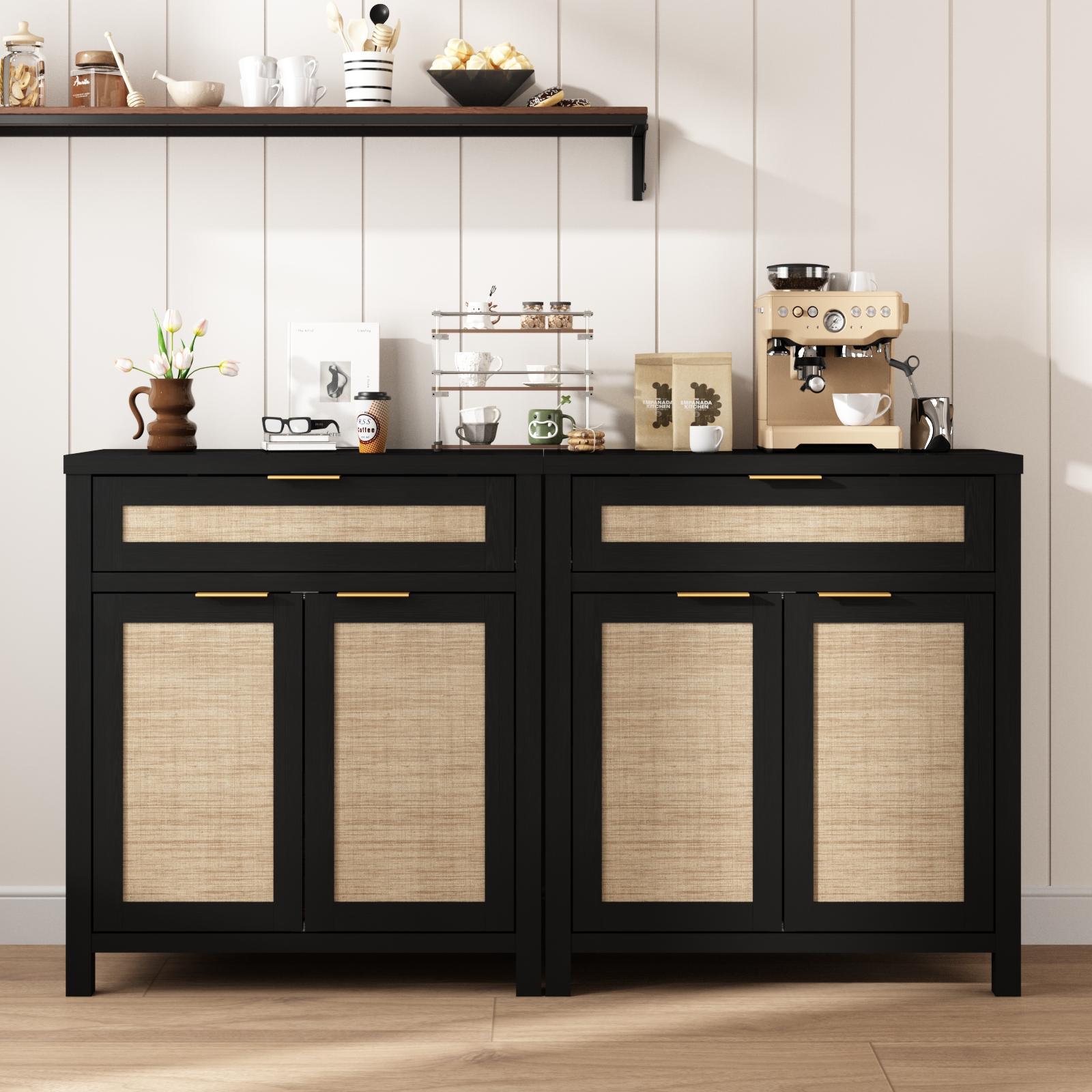 PieDle Furniture Rattan Crafted Storage Cabinet with Adjustable Dividers, Bohemian Style Buffet for Multiple House Areas like Kitchen, Hallway & Living Room