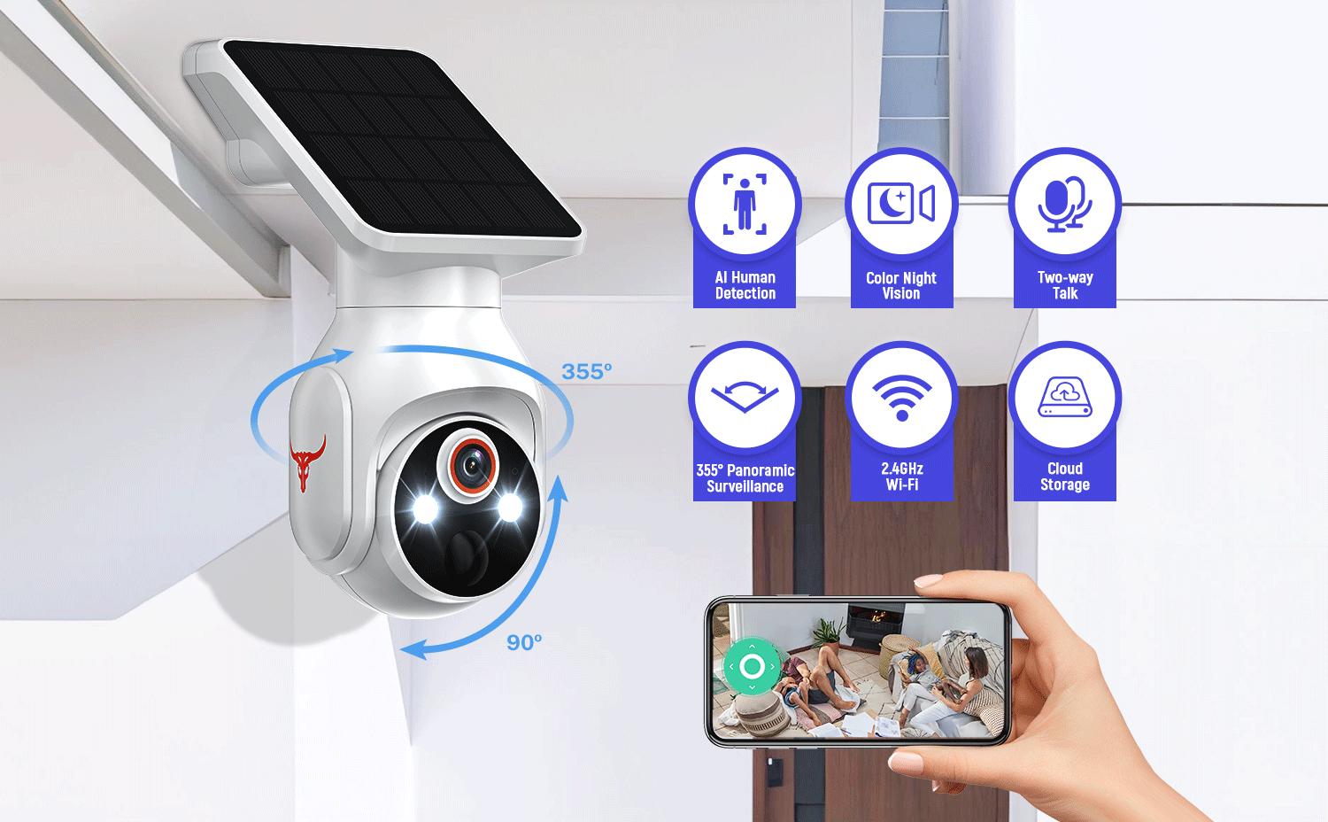 1080p WiFi Security Camera with Solar Panel, Wireless Outdoor, Camera for Home Security, Battery Powered, Pan Tilt, AI Motion Detection, Night Vision, 2-Way Talk, IP65, Cloud Storage, Human Detection, 2.4GHz Only