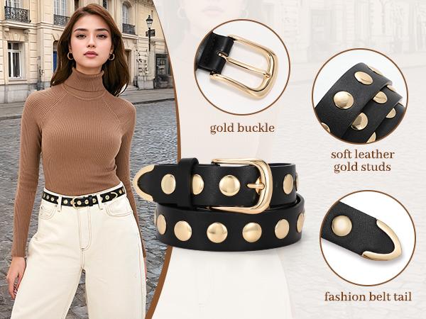 JASGOOD Women Fashion Leather Belt Punk Leather Belt Women Studded Belt for Jeans Pants Dresses