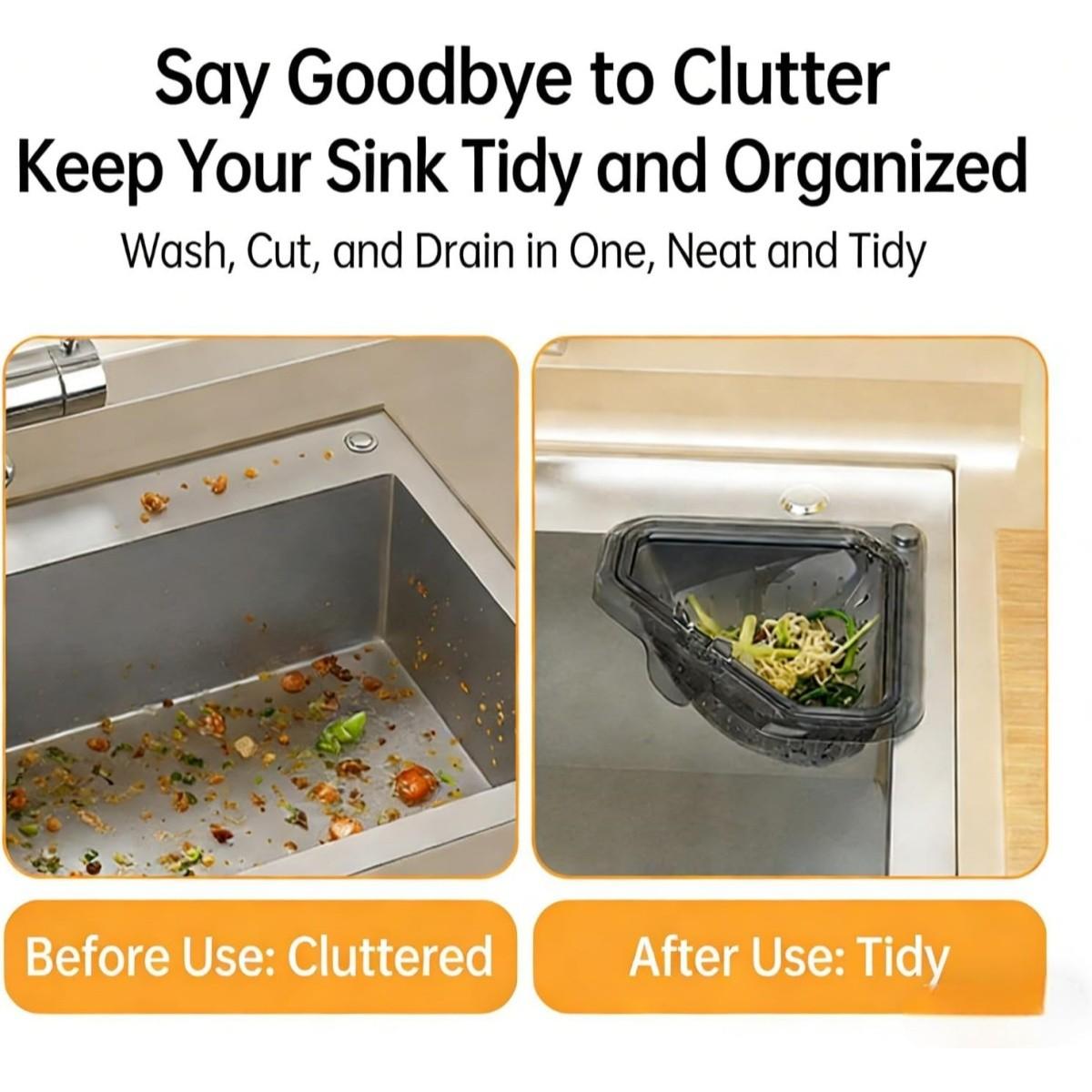 Magnetic Drain and Filter Basket, Durable Triangle Sink Strainer with Rotating Bottom, Kitchen Corner Rack, No Drilling Installation