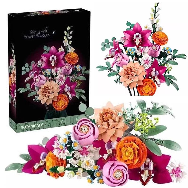 749PCS Creative Pretty Pink Flower Bouquet Building Blocks Set MOC Assemble Bricks Flower Toy & DIY Assemble Toys & Decor Assembly Bricks Kit Ideal Gift For Girl Valentine's Day Gifts Building Block Sets