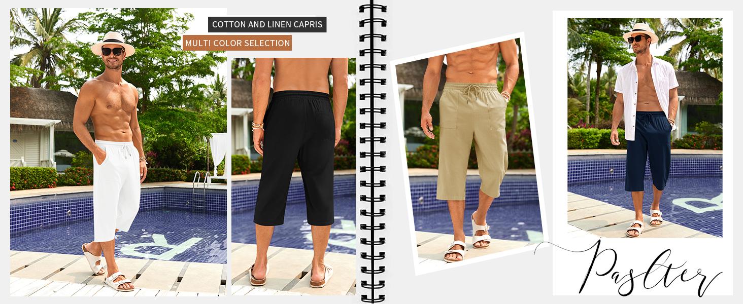 Runcati Men's Linen Capri Pants Casual Lightweight 3/4 Pants Elastic Waist Drawstring Beach Yoga Shorts with Pockets