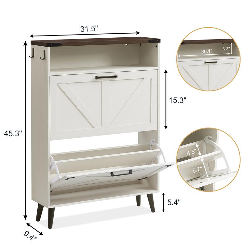 PieDle Furniture Shoe Storage Cabinet,Farmhouse Shoe Organizer with 2-4 Flip Drawers & Barn Door Design,Freestanding Hidden Slim Narrow Shoe Rack Cabinet with Open Storage for Entryway, Foyer,Hallway