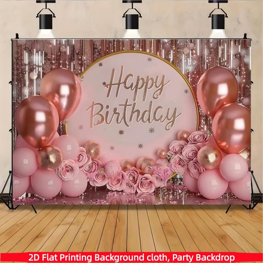 Pink birthday party backdrop banner with pink balloons and gift box elements. Made of polyester,suitable for living rooms, bedrooms, offices, birthdays, anniversaries, home décor, outdoor and indoor parties, photography backdrops, birthday party supplies